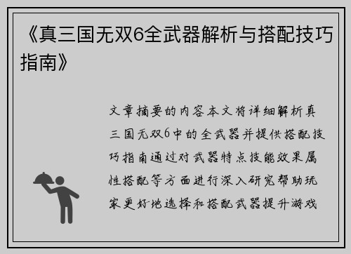 《真三国无双6全武器解析与搭配技巧指南》