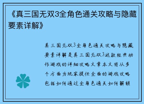 《真三国无双3全角色通关攻略与隐藏要素详解》