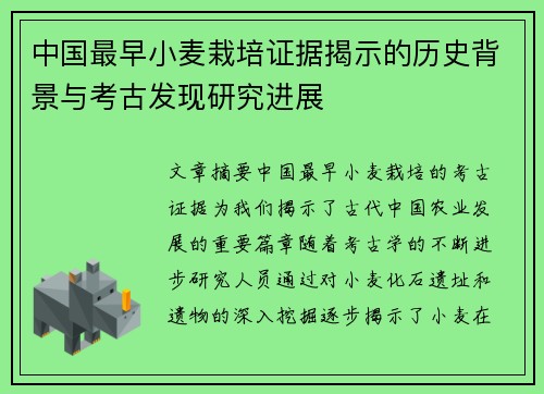 中国最早小麦栽培证据揭示的历史背景与考古发现研究进展